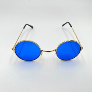 Round John Lennon Style Blue Lens Glasses‎ Gold Frame Vintage Costume Flaw
